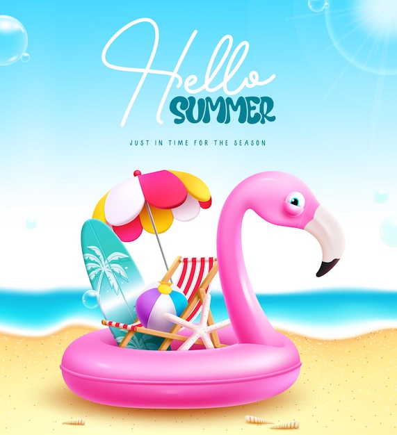 Hello summer text vector design summer hello saluto con flamingo rosa galleggianti tavola da surf