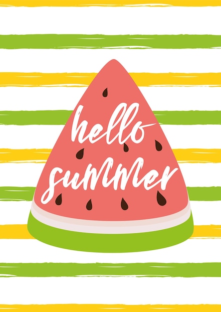 Vector hello summer text on the watermelon shape green yellow striped bright summer background