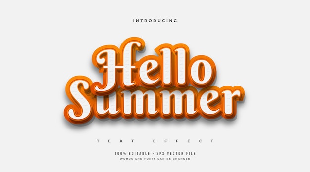 Hello summer text in white and orange with embossed effect isolated on white background. editable text style effect