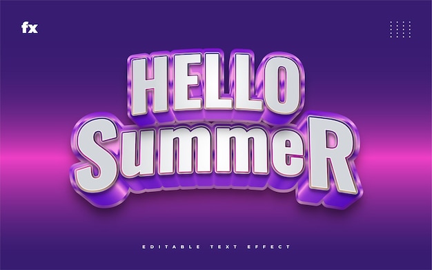 3Dエンボス効果のある白と紫の夏のテキストをこんにちは。編集可能なテキストスタイル効果