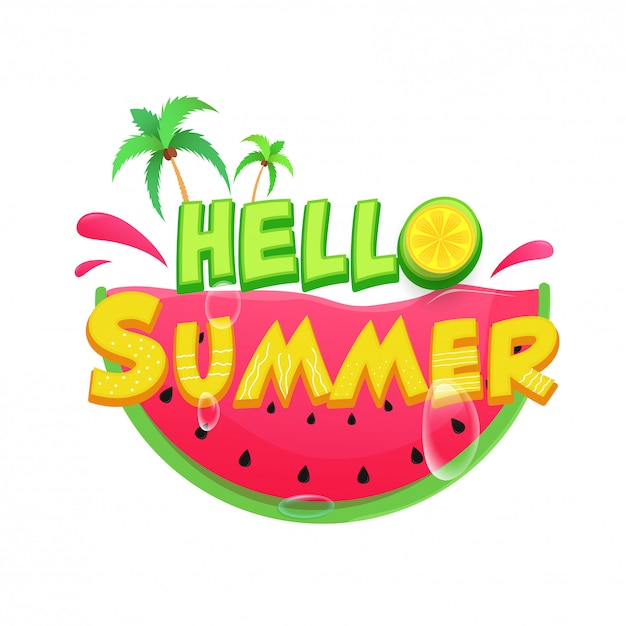 Hello summer text with lemon piece, coconut trees, water drops and glossy watermelon slice on white background.