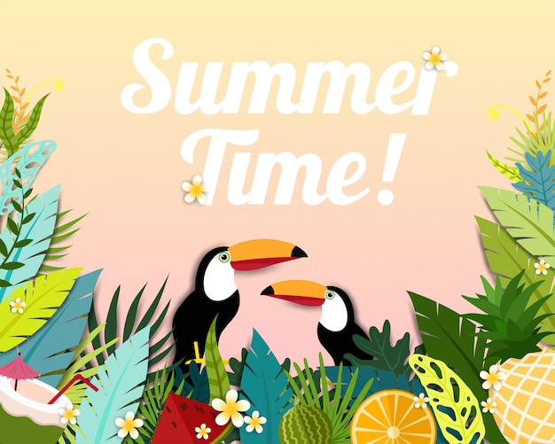 Hello Summer time beautiful illustration with toucans