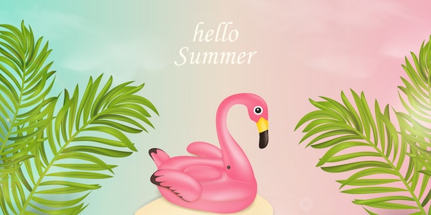Привет летнее время отдыха типографские. концепция дизайна баннер летом с элементами пляжа, розовый бассейн фламинго, тропические пальмы листья на фоне розового, голубого неба. иллюстрация