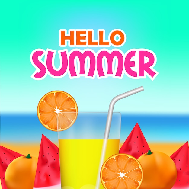 Vector hello summer time with tropical fresh fruit