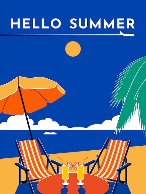 Vector hello summer travel poster. sunny day, beach, sea, umbrella, chair, chaise longue, cocktail, palm tree, plane, sky, cruise liner.  flat illustration.