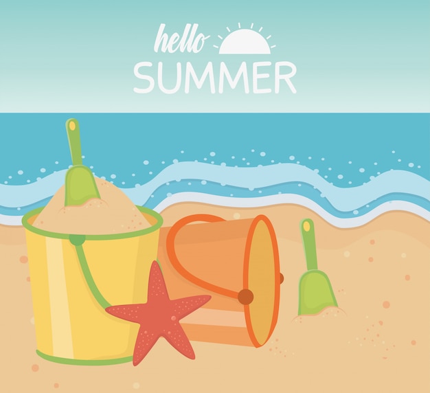 Привет летние путешествия и отдых ведро с песком лопата морская звезда пляж море