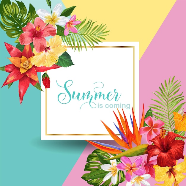 Vector hello summer tropic design. tropical hibiskus flowers background for poster, sale banner, placard, flyer. floral vintage composition. vector illustration