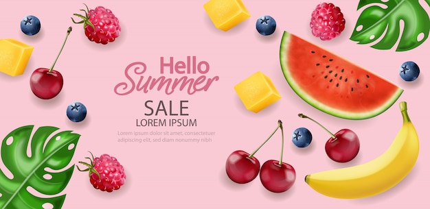 Hello summer tropic fruits banner