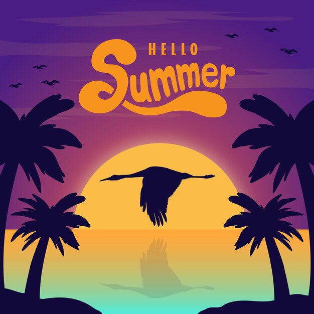 Vector hello summer tropical sunset with palm trees