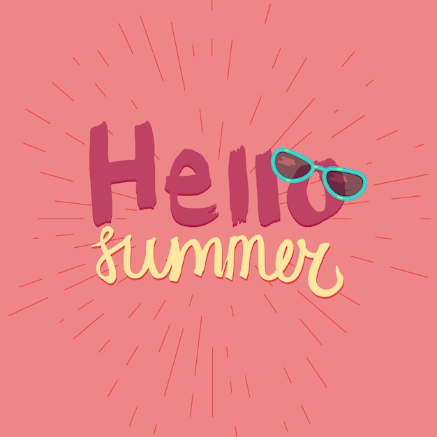 Привет лето. типографический отпуск и плакат с акварельной рекламой с прохладными солнечными очками. vect