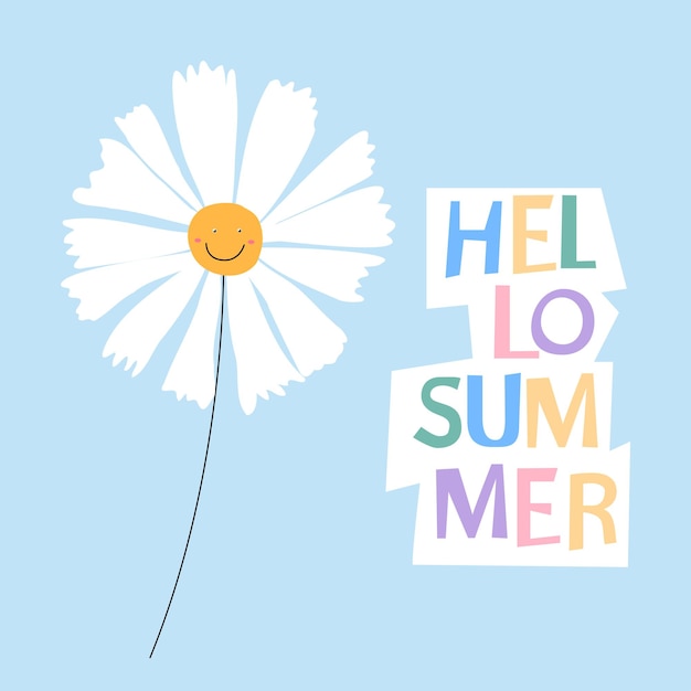 Hello summer typography with hand drawn smiling flower Vector Illustration