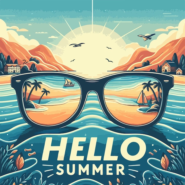 ベクトル hello summer vacationの文字の背景とベクトルイラスト