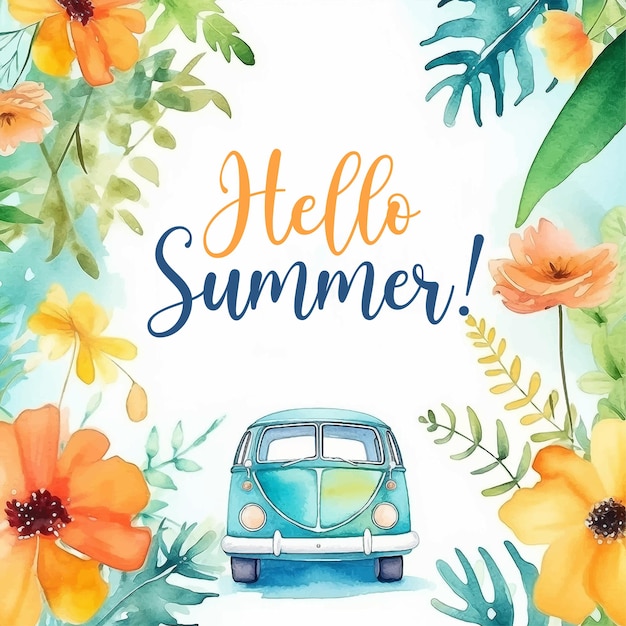 Hello summer van with flowers watercolor paint