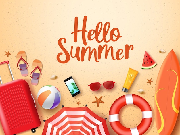 Hello summer vector background  design hello summer greeting text in sand with beach element