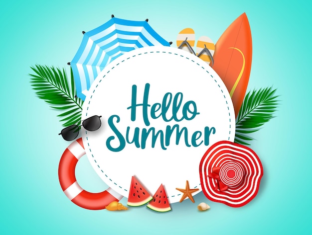 Hello summer vector background template Hello summer greeting text in white circle frame