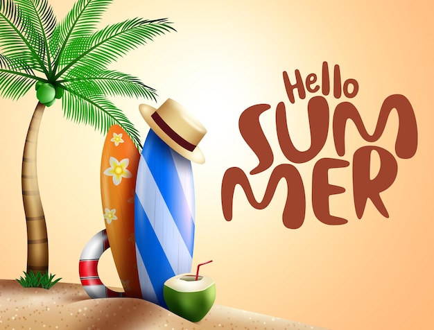 Hello summer vector banner background Hello summer text in beach sand with elements