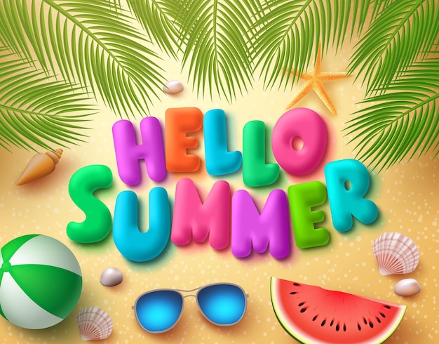 Hello summer vector banner design in beach sand background with colorful summer