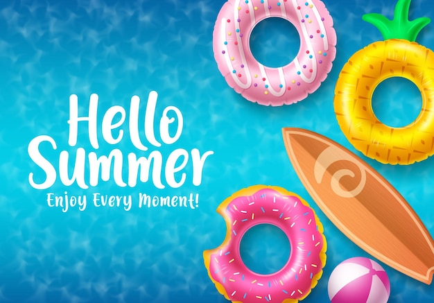 Hello summer vector banner design colorful summer beach floaters with hello summer text and beach