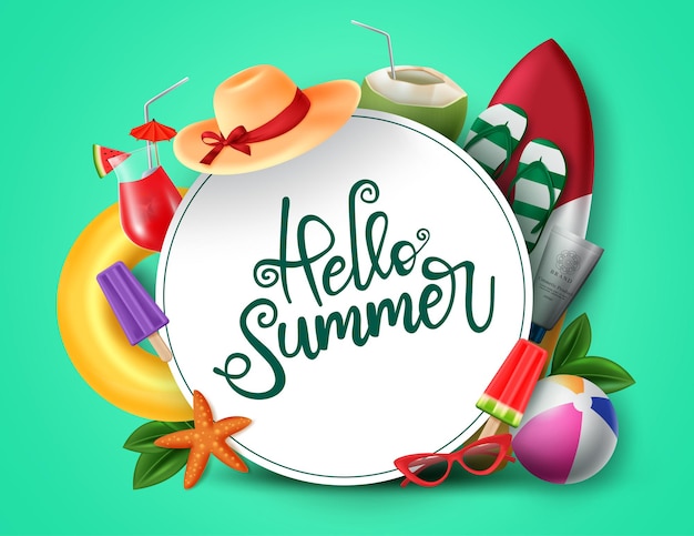 Hello summer vector banner design hello summer greeting in white circle for text with beach