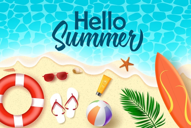 Hello summer vector banner design Hello summer text in sea water with beach element like surf board