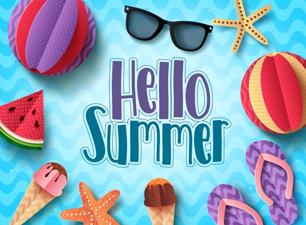 Hello summer vector banner design with beach elements floating in blue pattern background.