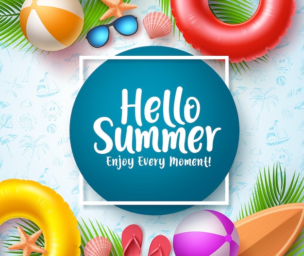 Hello summer vector banner template hello summer typography in blue circle space for text