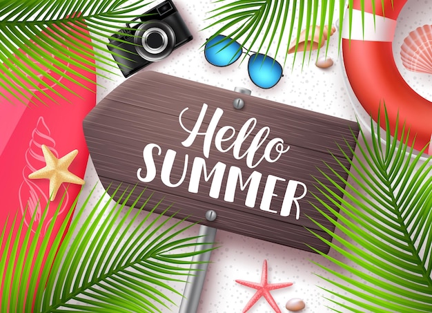 Здравствуйте, лето вектор баннер деревянная вывеска с надписью hello summer и элементами пляжа