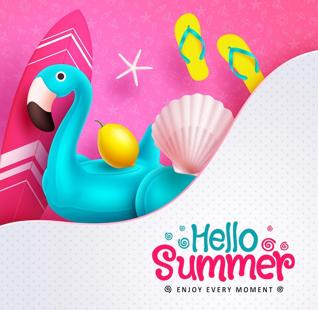 Hello summer vector design. Hello summer text in abstract shape with blue flamingo and surfboard.