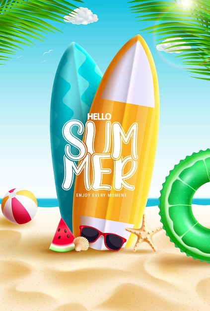 Hello summer vector design. Hello summer text in surfing board element with beach background. Vector