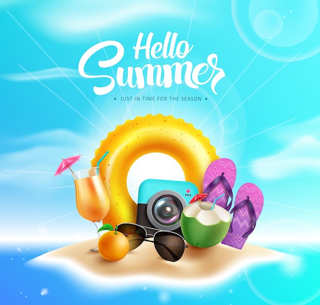 안녕하세요 여름 벡터 디자인. 플로터, 카메라, 플립플롭과 같은 해변 요소가 포함된 안녕하세요 여름 텍스트입니다.