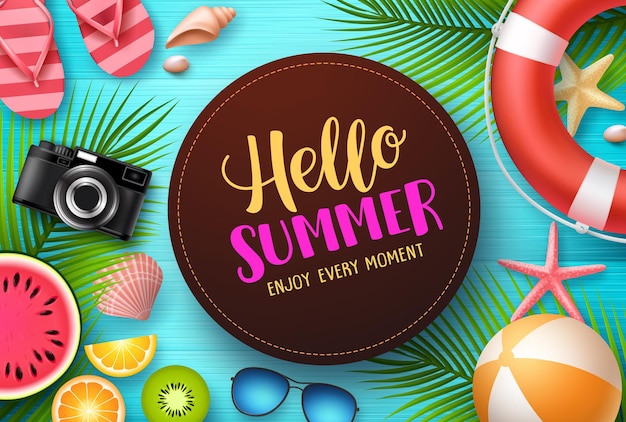 Hello summer vector design Hello summer text with colorful beach elements like tropical fruits