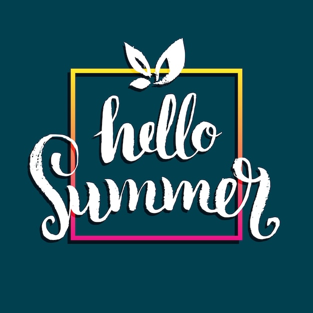 Hello summer векторная иллюстрация фона веселый логотип цитаты или этикетка ручная надпись вдохновляющая типография плакат баннер в красочной рамке