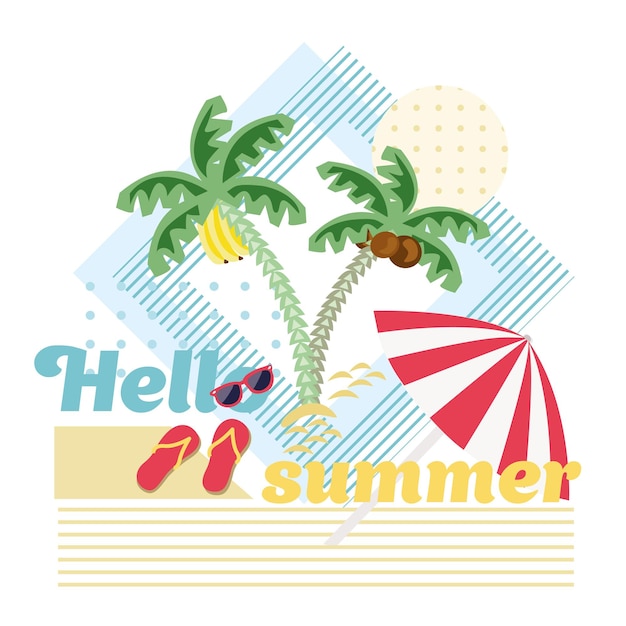 Hello summer vector set Beach elements Vector illustration