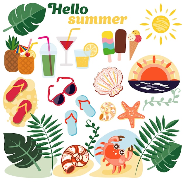 Hello summer vector set Beach elements