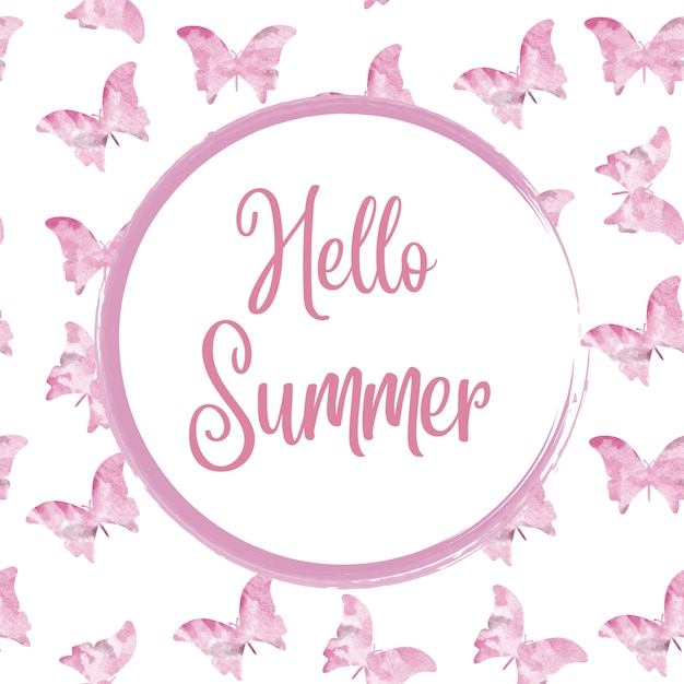 Hello summer. watercolor rounded frame with butterflies