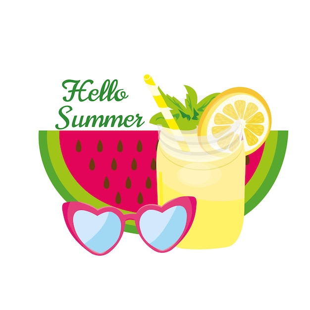 Vector hello summer watermelon with lemon juice and sunglasses