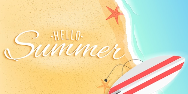 Hello summer web banner. surfboard on the beach. starfish and tide sea.