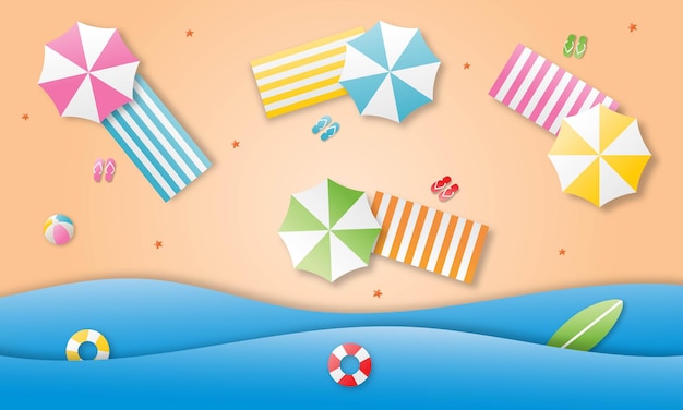 Hello summer with beach landscape background paper art style