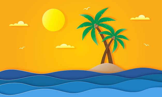 Hello summer with beach landscape background paper art style