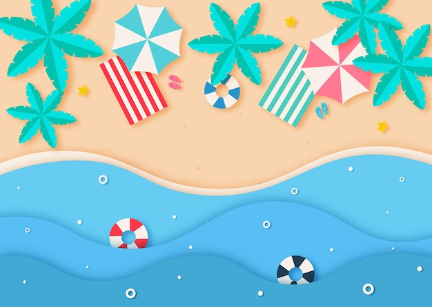 Vector hello summer with beach landscape background paper art style