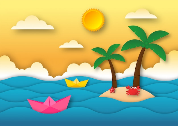 Vector hello summer with beach landscape background. paper art style.