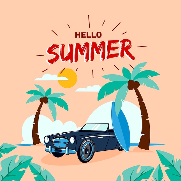 Vettore ciao estate con illustrazione di auto sulla spiaggia