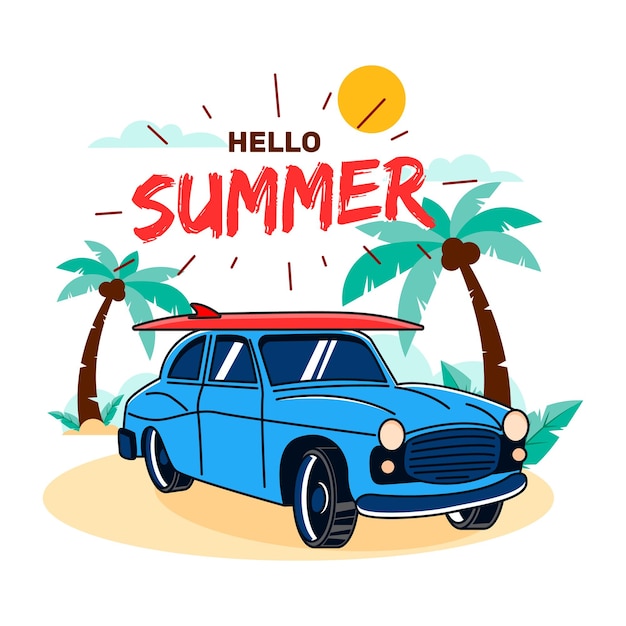 Vettore ciao estate con illustrazione di auto sulla spiaggia