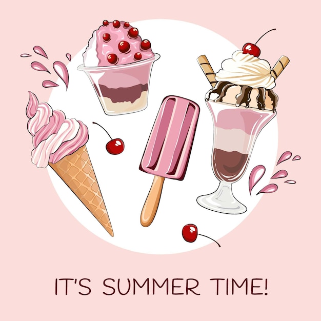 Vector hello summer with ice cream and cherries