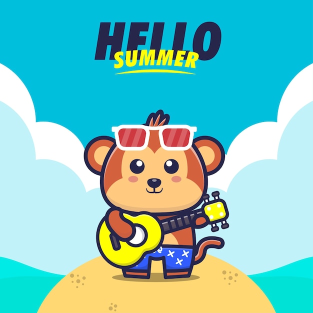 hello summer   with monkey play guitar cartoon illustration