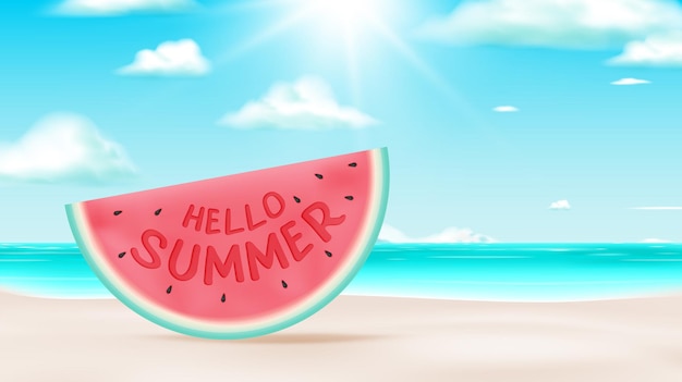 귀여운 3d 아트 스타일과 파스텔 색 구성표의 수박과 해변 배경으로 안녕하세요 여름