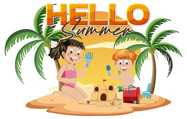 Hello summer word with kid character