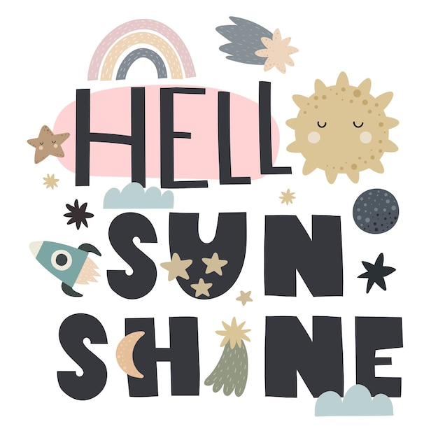 Vector hello sunshine hand drawing lettering decor elements