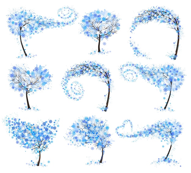 Привет, белый зимний набор зимних деревьев со снежинками Векторная иллюстрация