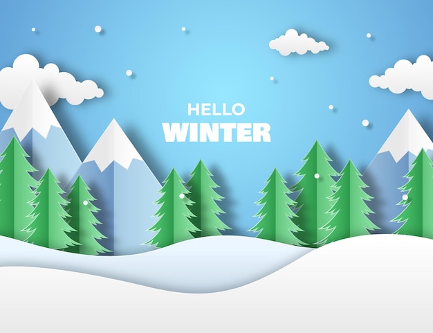 Vector hello winter background paper art style